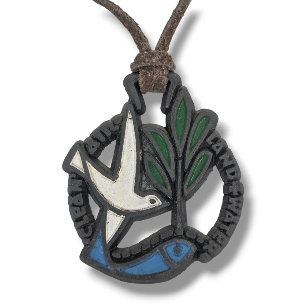 Vintage Terra Sancta Guild Necklace Pendant Clean Air Land Water Boho Hippie